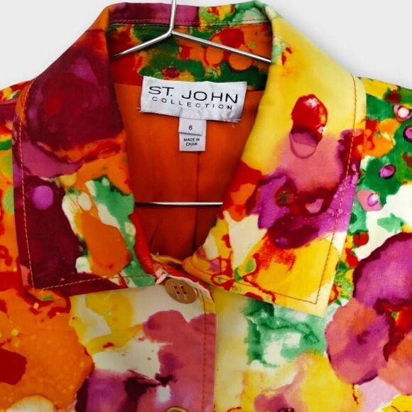 St. John Womens Jacket Sz 6 Bright Zebra Multicolors Orange Silk Floral - Picture 3 of 12